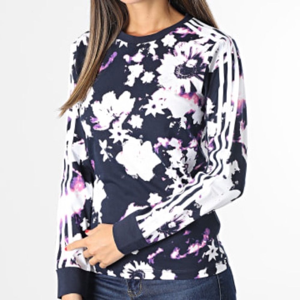 Adidas Originals Navy and White Floral Long Sleeve Tee